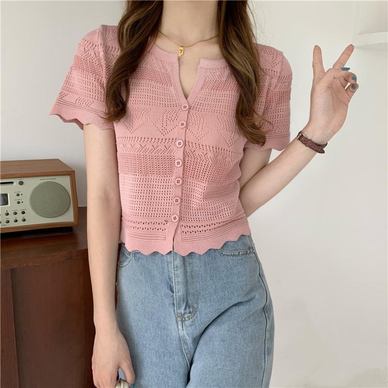 Fashion Hollow Out Thin Knit Short-sleeved Cardigan Tops Summer Casual Summer Essential Comfort and Style Slim Fit Pullovers Tees