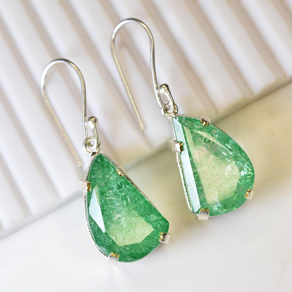 CERTIFIED Fancy Natural Green Emerald 925 Sterling Silver Stone 68 Ct Earring MY.ER-37-NS