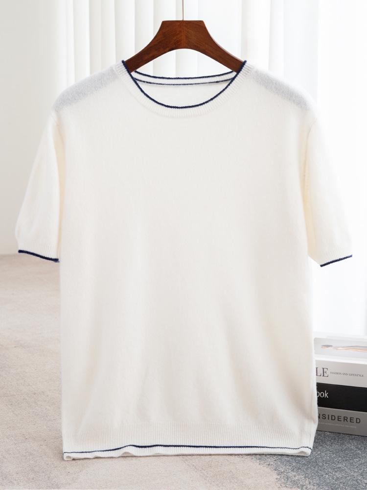 T-shirt à Manches Courtes et Col Rond Color Block 100% Laine Australienne pour Homme - Coupe Ample Décontractée, Couche de Base en Cachemire Printemps/Automne.