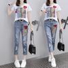 Sommer Frauen Sets Mode Kurzarm T-shirt + Loch Jeans 2 stücke Mädchen Casual Hosen Anzüge