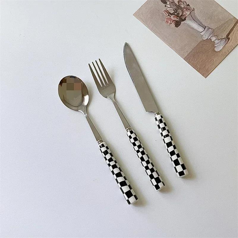 Japanese Korean Checkerboard Knife Fork Spoon Western Dessert Tableware Set Steak Knife Stainless Steel Ceramic Handle Cutlery