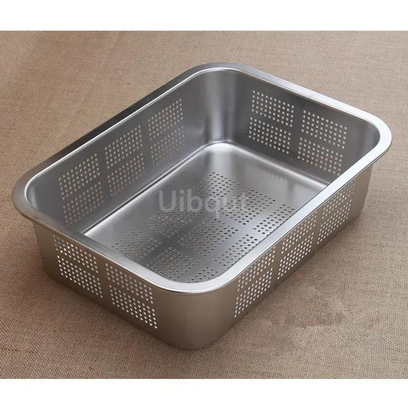 304 Tablett Edelstahl Aufbewahrungsschalen Leckplatte Loch Maschensieb Sieb Waschen Gemüse Becken Trocknen Wasserfilter Becken Deckel