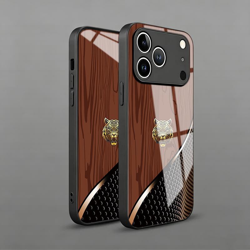 Tiger Head Wood Grain Tempered Glass Phone Case for iPhone 17 16 Pro Max 15 14 Plus 13 12 11 Pro 16E 17Air X XR XS 7 8 SE2 Cover