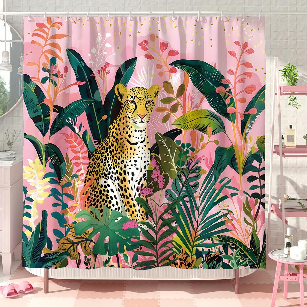 Tropical Leopard & Monstera Shower Curtain - Waterproof Polyester, 12 Hooks, Machine Washable, Ideal for Dorms & Apartments