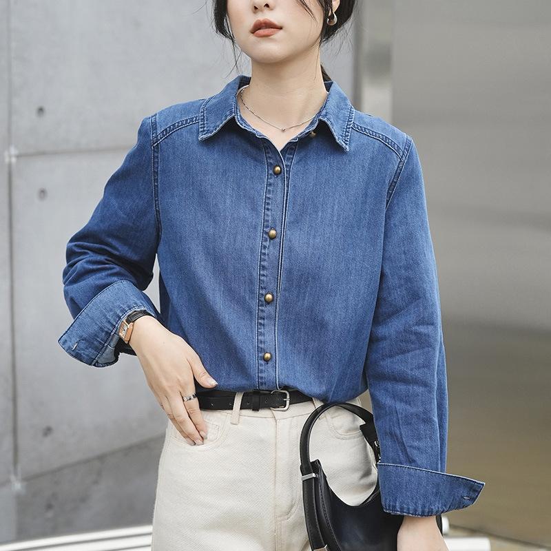 Real shot blue denim shirt jacket women's 1116 autumn retro versatile loose small long-sleeved top