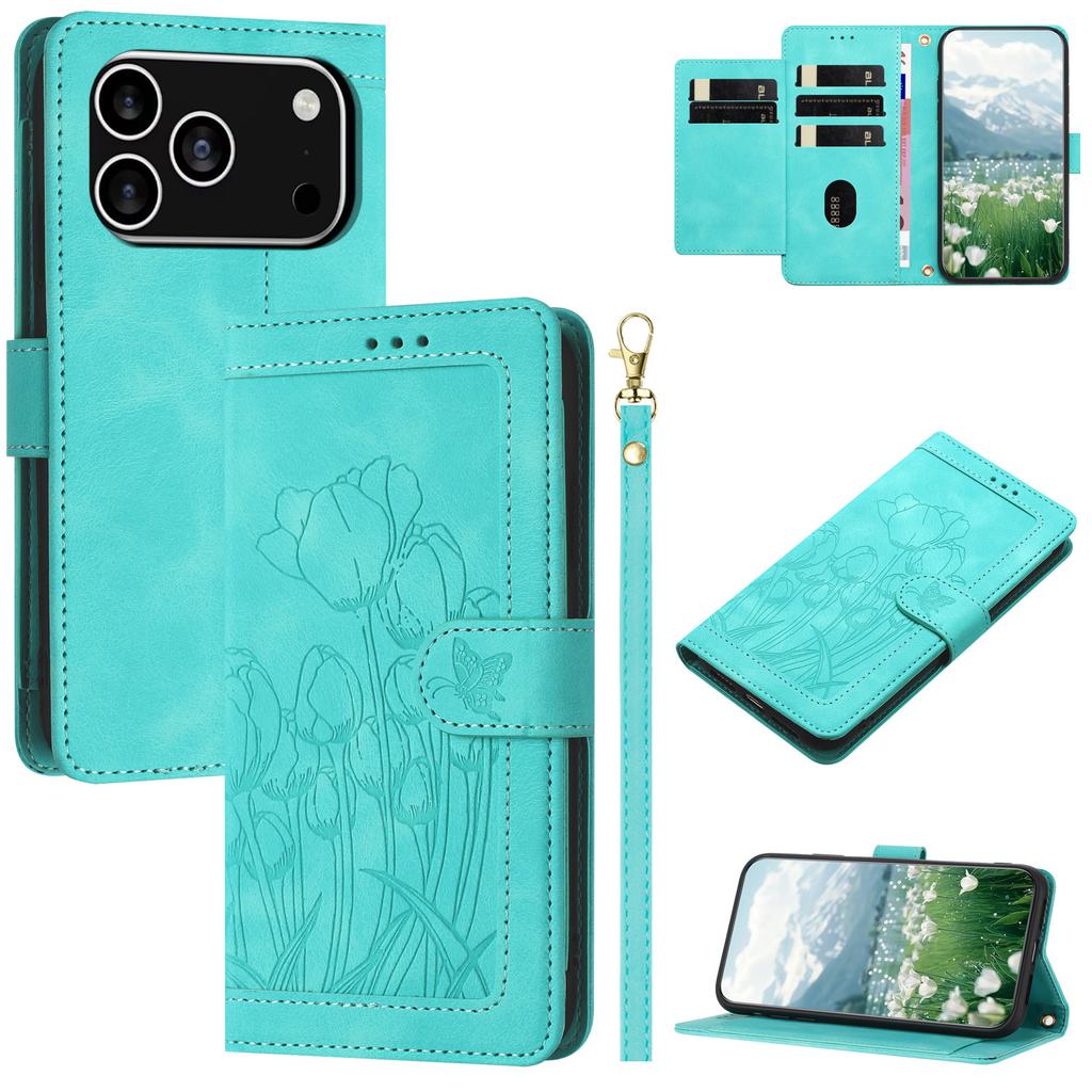 For iPhone 17 Pro Case Tulip Leather Phone Cover with 5 Card Slots Wallet