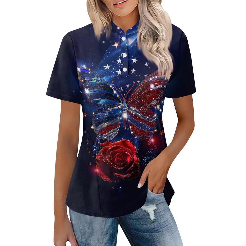 Women's Casual Polo Shirt Short Sleeve Loose Fit Button Up Top with Butterfly and Rose Print Suitable for Everyday Wear