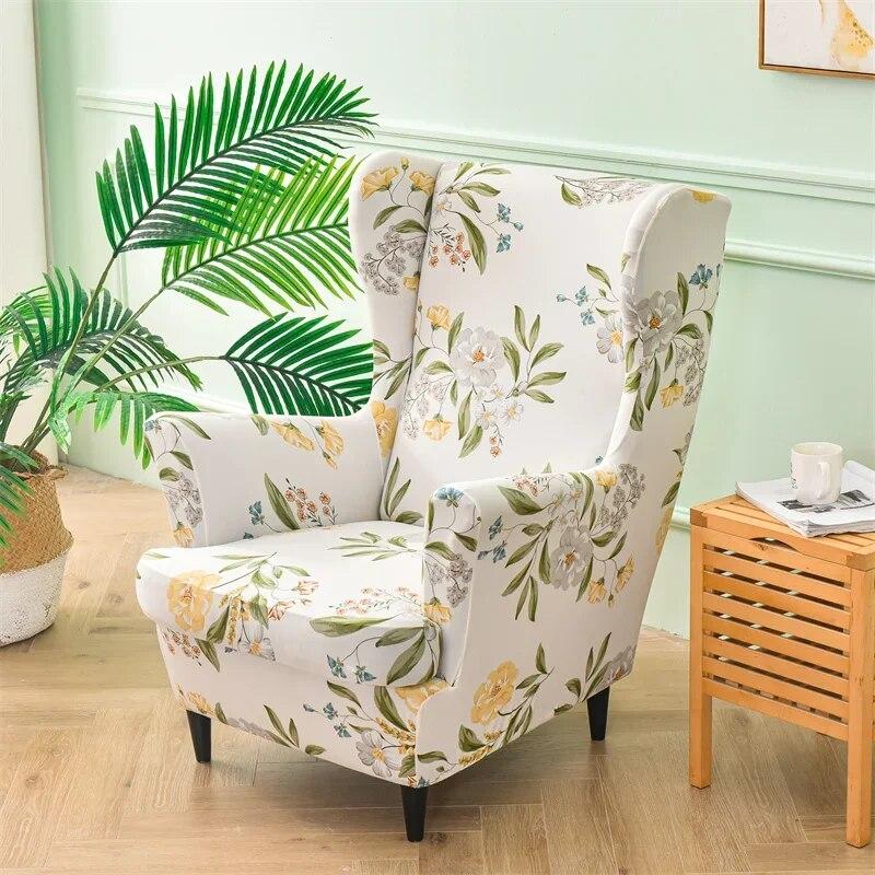 Floral Printed Wing Chair Cover Stretch Spandex Armchair Covers Nordic Removable Relax Sofa Slipcovers With Seat Cushion Covers