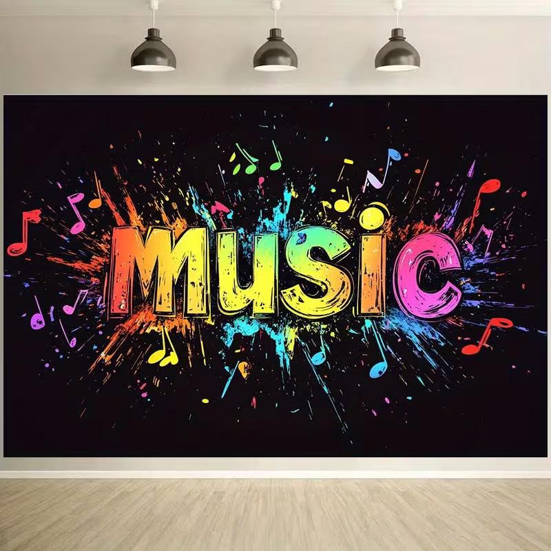2D Music Graffiti Art Backdrop Colorful Notes for Music Themed Party Banner