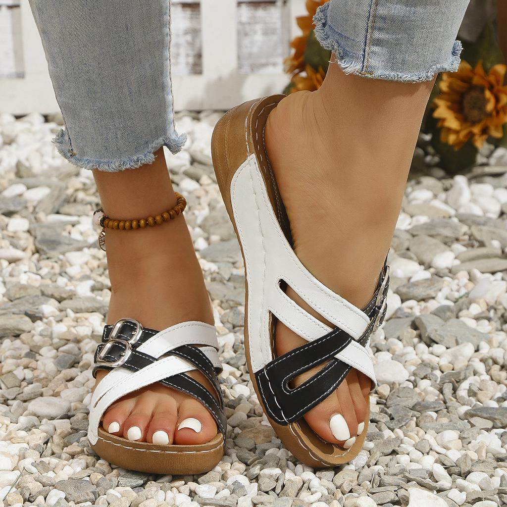 Large Size Flat Bottomed Slope and Casual Slippers with Intersecting Fine Straps, Solid Color, Exposed Toes, Fish Mouth Slippers