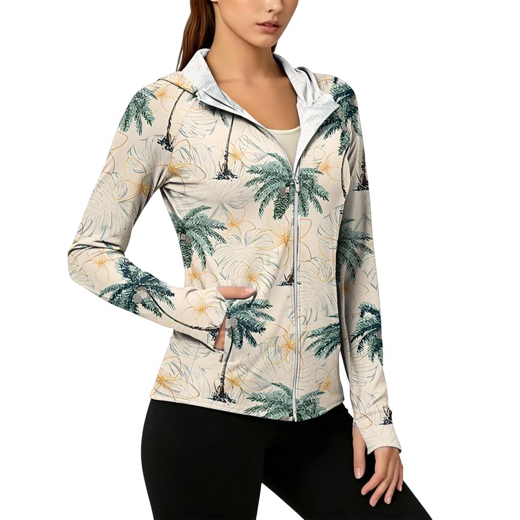 Women's Lightweight Zip-Up Hoodie with Hood and Pockets Hawaiian Print Long Sleeve Sun Protection Jacket for Outdoor Activities