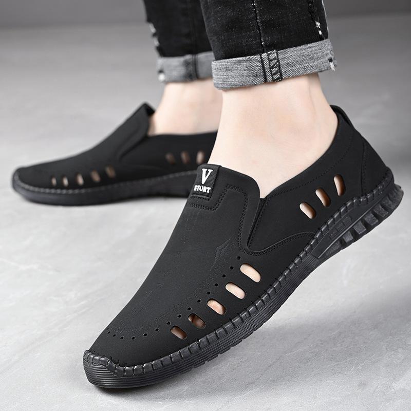 Summer leather sandals, men's hole leather shoes, toe openwork, elderly dads, breathable casual men's shoes
