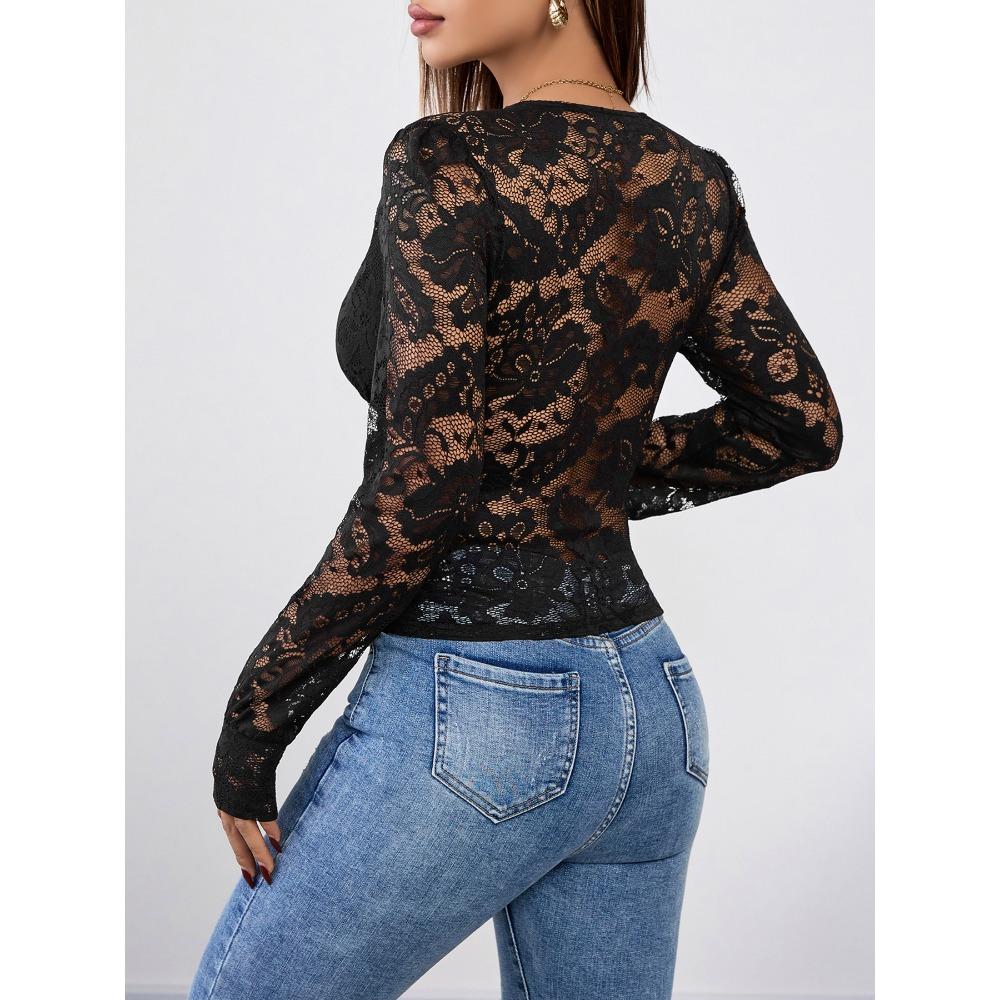 Autumn New Cross-border Sexy Elegant Style Lace Waist Cinched V-neck Black Temperament Top