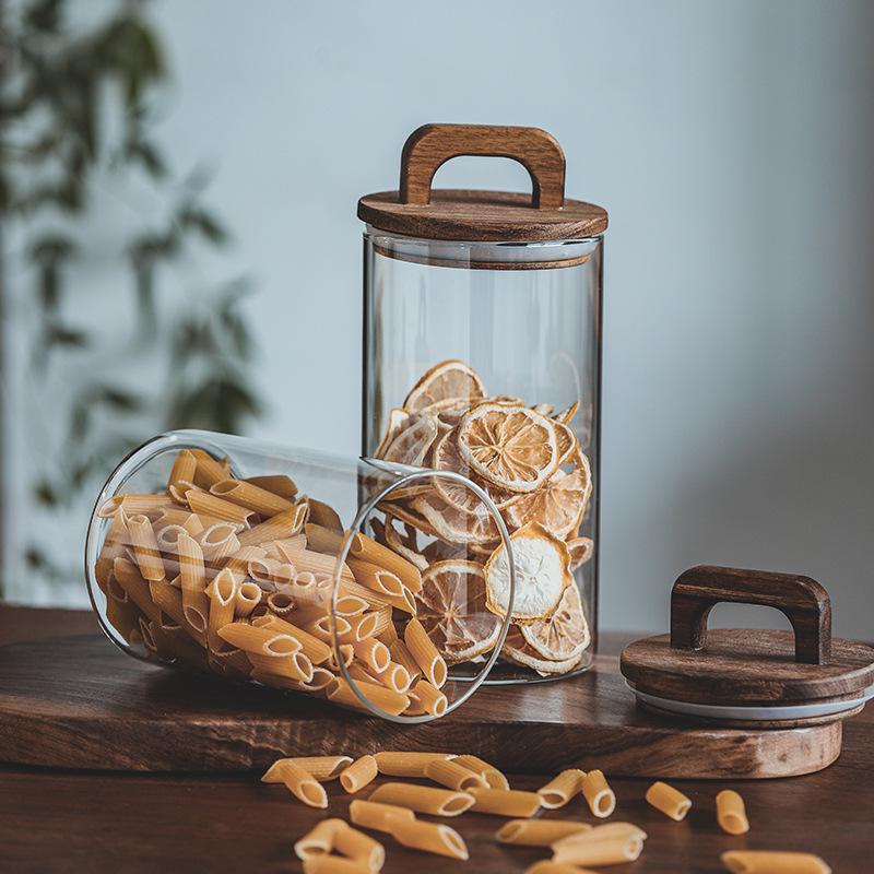 Barattolo da cucina giapponese: Cereali Integrali, Buccia di Mandarino Essiccata, Chicchi di Caffè - Contenitore in Vetro con Coperchio in Legno Massello, Grande Capacità, Varie Misure
