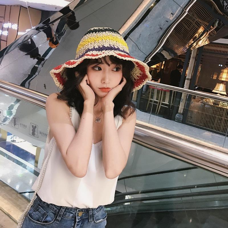 Hyunya Style Japanese Export Colorful Striped Hand-Woven Straw Hat Women'S Summer Sunshade Resort Beach