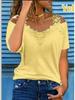 American Style European Women's Casual Loose V Neck Short Sleeve T Shirt with Lace Splice