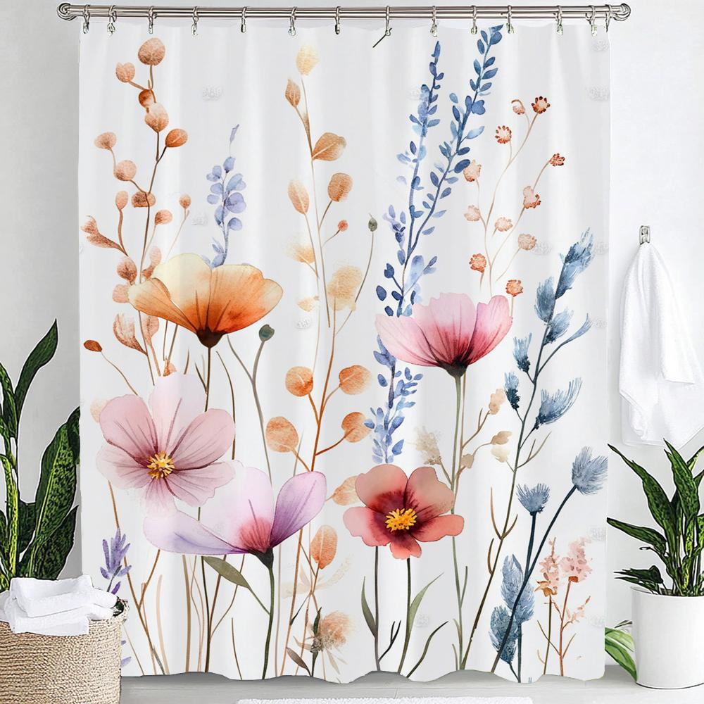 Watercolor Botanical Floral Leaf Shower Curtain, Floral Bathroom Decorative Shower Curtain, Print Fabric Home Curtain with Hooks
