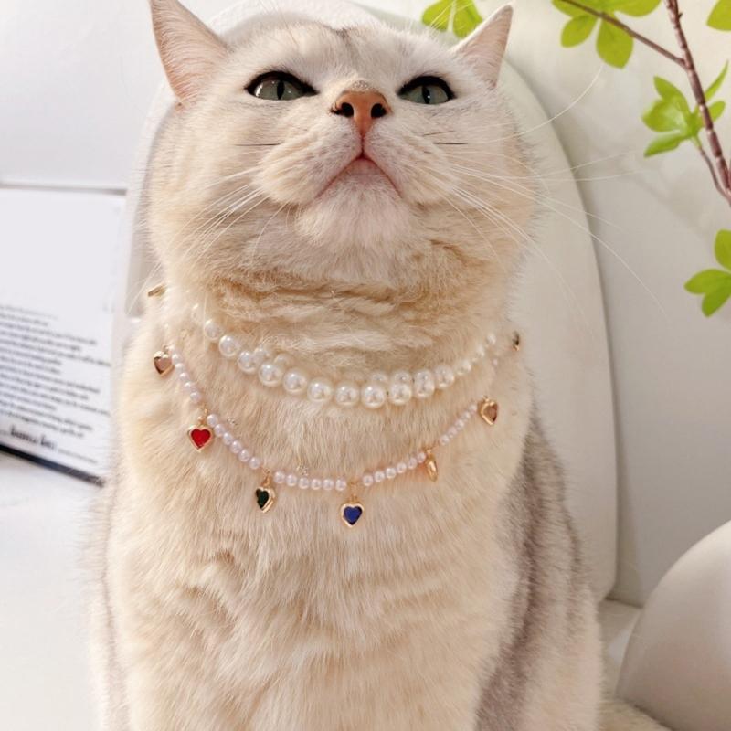 Cats Dog Pearls Collar,Heart Rhinestones Pet Necklaces,Adjustable Party Wedding Pet Jewelry Accessories for Puppy Cats