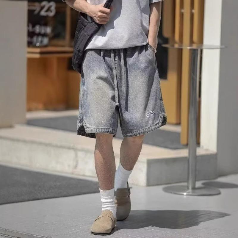 American Vintage Washed Denim Embroidered Loose Five Point Shorts For Men