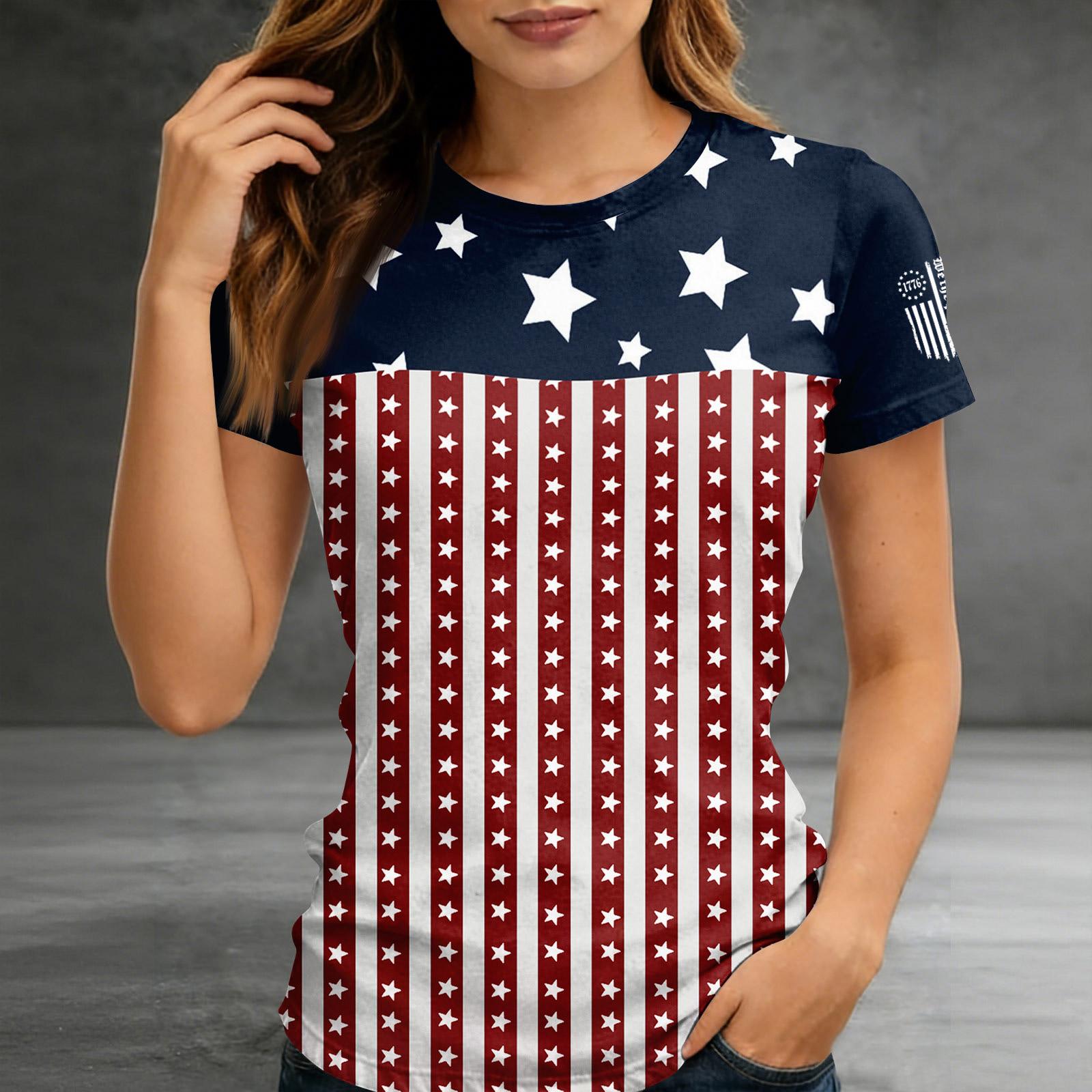 Women s Short-sleeved Top, Casual Slim Fit Women s Round Neck Short-sleeved Printed Shirt L