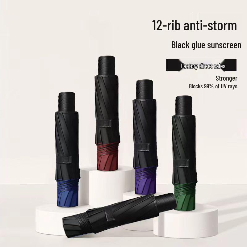 12-Rib Extra Large Windproof Sun & Rain Umbrella, Black Vinyl Sunshade, Manual Folding for Men & Women