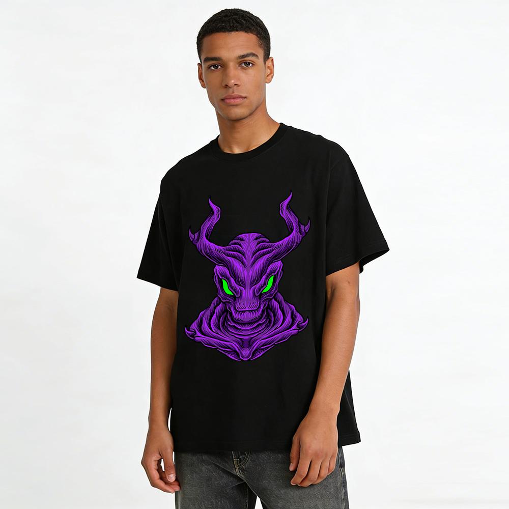 Dark Style Purple Horned Monster Print Casual Short Sleeve T-Shirt Pure Cotton T-shirt