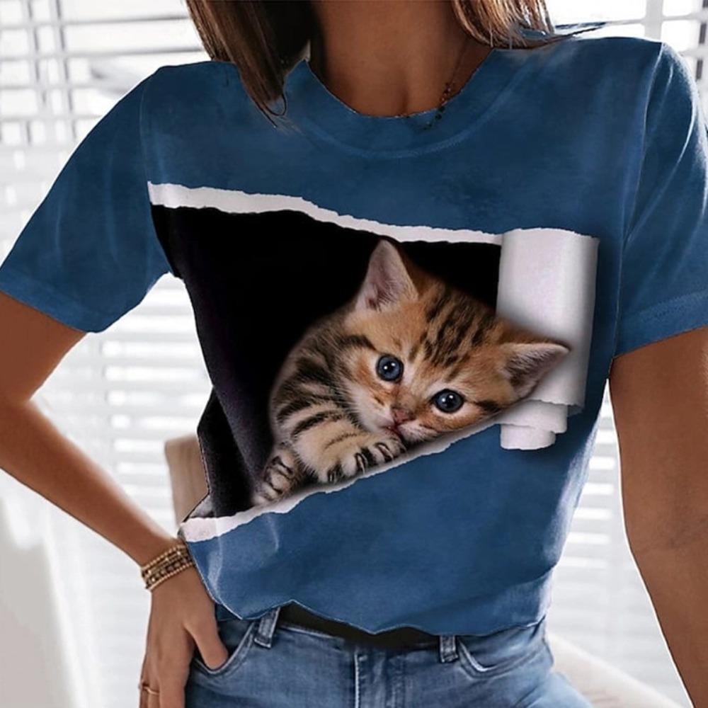 Rabbit and Cat 3D Digital Printed Women's Fashion Casual Round Neck Short Sleeved T-shirt