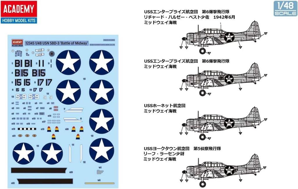 Academy Scale US Navy Dauntless Midway Operation Plastic Model Kit Molded In Color 1/48 SBD-3 12345,
