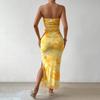 Elegant Printed Strapless Hip Hugging Long Dress Summer 2026 Sleeveless Slit High Waist Slim Fit A-line Holiday Party Dress Sweet Casual Clothing
