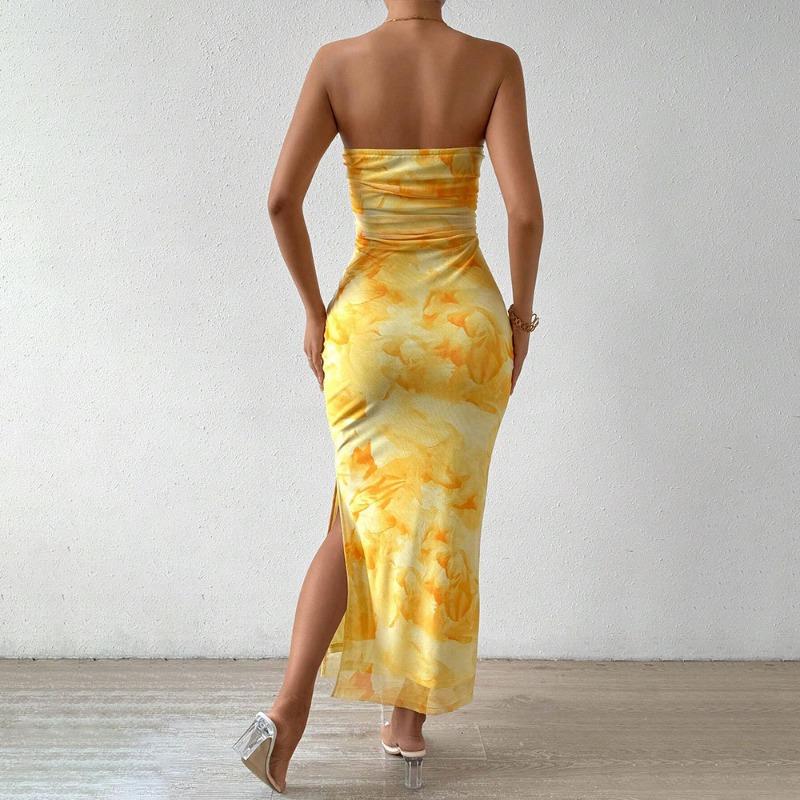 Elegant Printed Strapless Hip Hugging Long Dress Summer 2026 Sleeveless Slit High Waist Slim Fit A-line Holiday Party Dress Sweet Casual Clothing