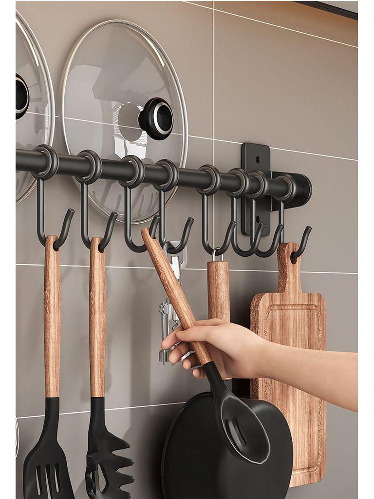Punch-Free Wall-Mounted Kitchen Storage Rack with Hooks for Pots, Turners, and Spoons
