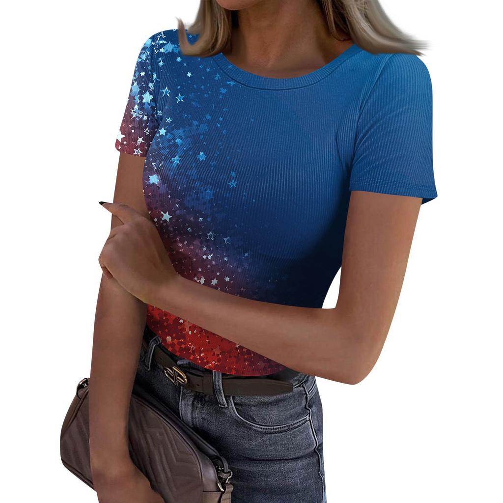 Women's Casual Fashion Round Neck Independence Day Print Short-Sleeve Ribbed Top