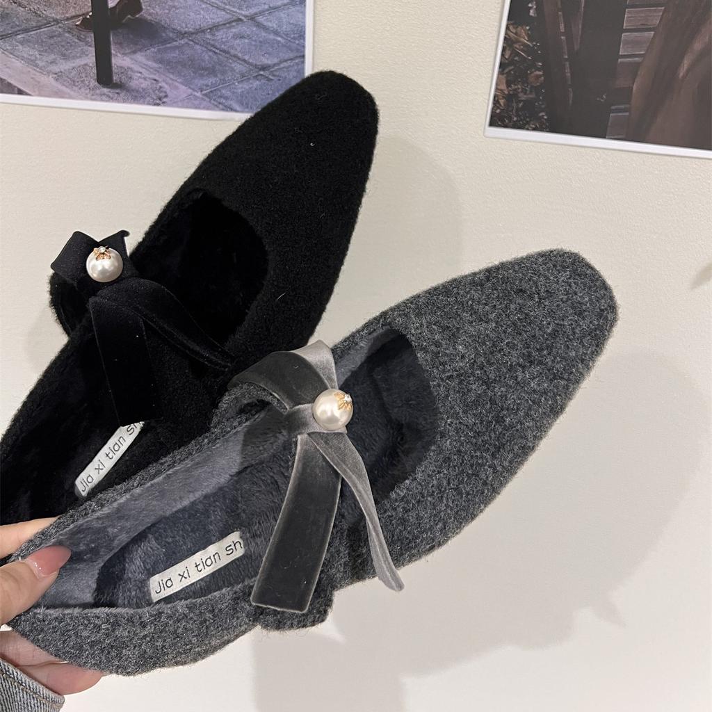 Franska tjockklackade grå enskor med kjol kvällsskor damskor 2025 höst och vinter sammet Mary Jane fluffiga skor