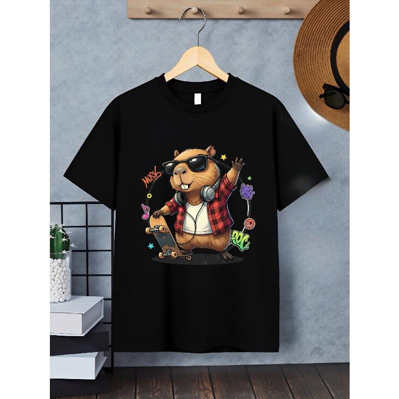 Boys Crewneck T-Shirt, Cool Skateboard Music Capybara Graphic Soft Breathable Short Sleeve Top