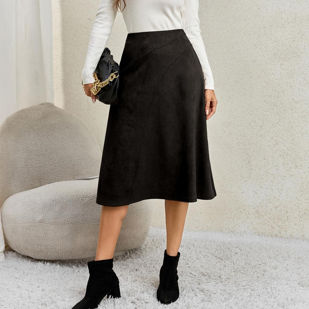 Women's Patchwork A-Line Midi Skirt with High Waist Elastic Waistband and Zipper