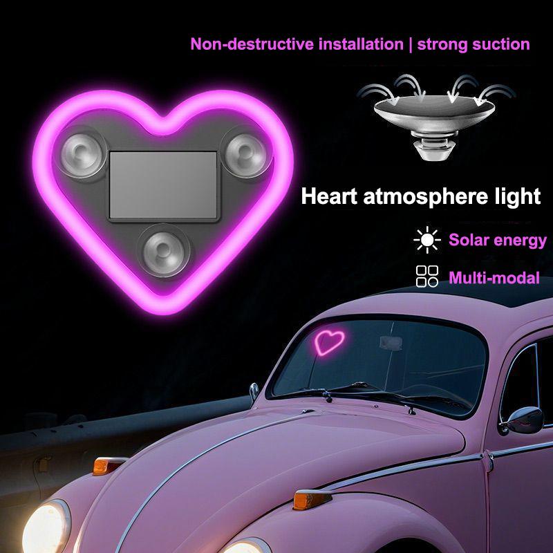 Car Led Window Decoration Heart Neon Light Suction Cup Fixed Luminous Heart Solar Ambient Neon Light Car Lights Accessories 1Pc