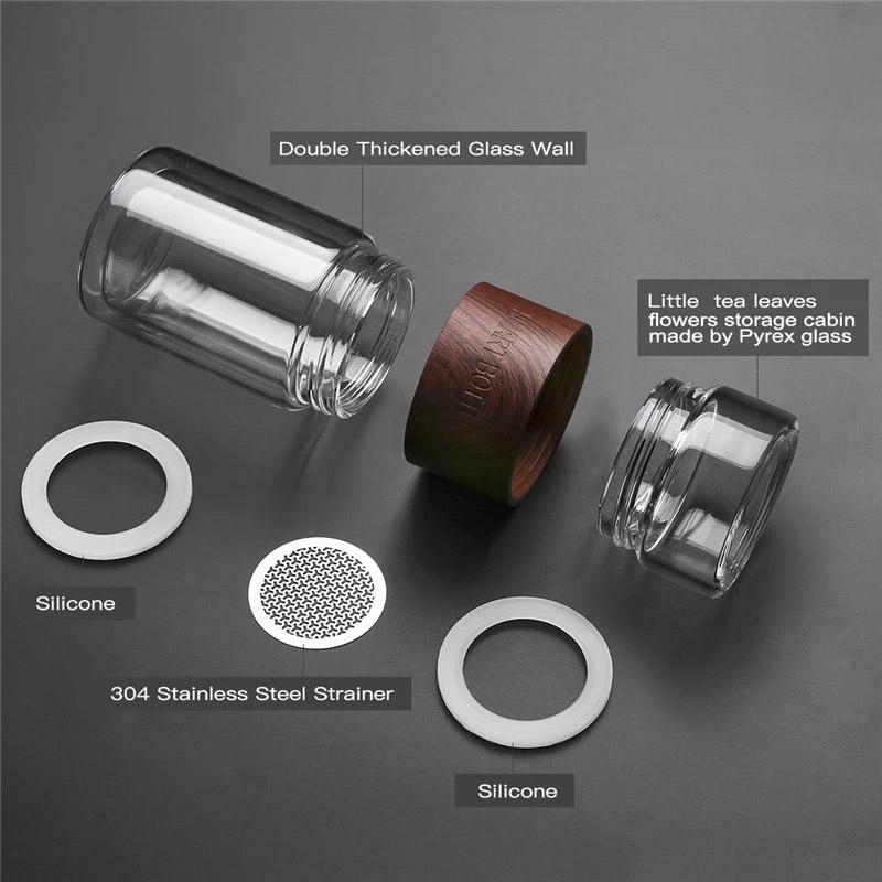 BOZZH Skleněná láhev na čaj Přenosná dvoustěnná Kung Fu čaj s pouzdrem Láhev na čajový nápoj Infuzér Termoska Nádobí Kreativní dárek