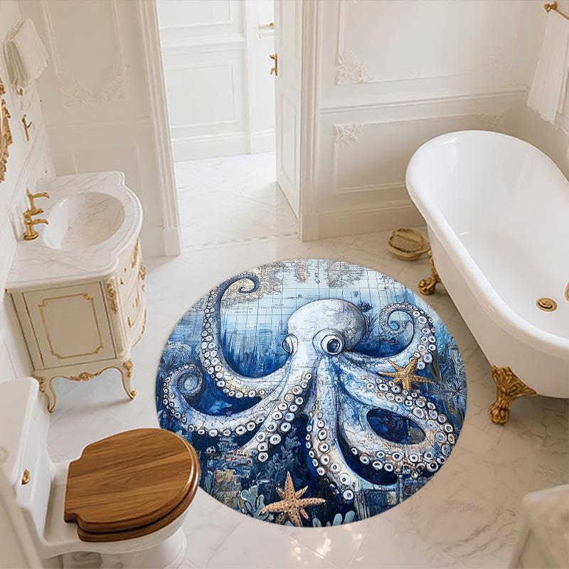 Aquarell-Oktopus,Runder Teppich,Teppich für Wohnzimmer Schlafzimmer Sofa Spielzimmer Dekor,Rutschfeste Fußmatte