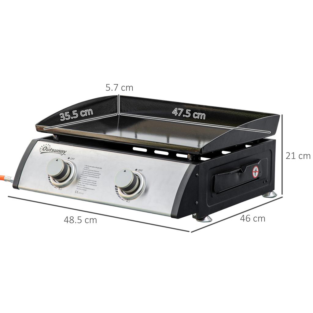 Tabletop Gas Barbecue Griddle with 2 Burners and Power 6kW, 48.5x46x21cm, Black