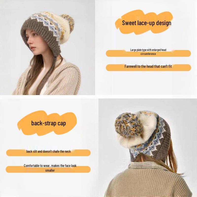 Women's Fair Isle Lace-Up Ear Protection Beanie: Thick, Warm Knitted Pompom Hat for Autumn & Winter