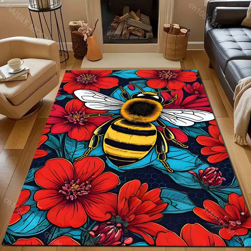 Rote Blume Biene Kreativitäts-Print Teppich für Wohnzimmer Schlafzimmer Bettseite Sofa Tisch Bodenmatte Heim Bereichsteppich Dekoration Große Größe