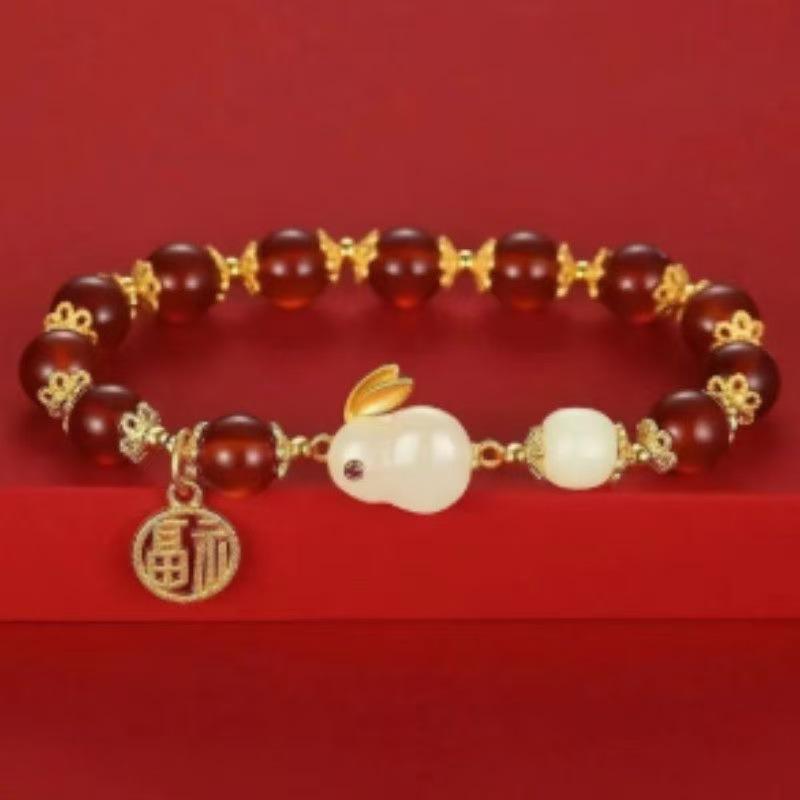 Elegant White Rabbit and Gold Fu Character Red Bracelet - Chinese Style Friendship Gift for Women