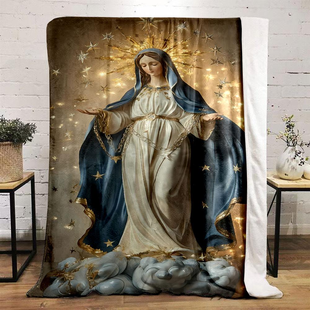 Our Lady of Grace Starry Religious Throw Blanket Printed Blanket for Living Room Bed Couch Lunch Break Soft Cozy Blanket for Friend's Festival Gift