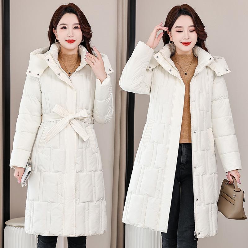 Down cotton jacket women's 2025 winter new Korean cotton jacket waist-cinched mid-length thickened slimming hooded jacket