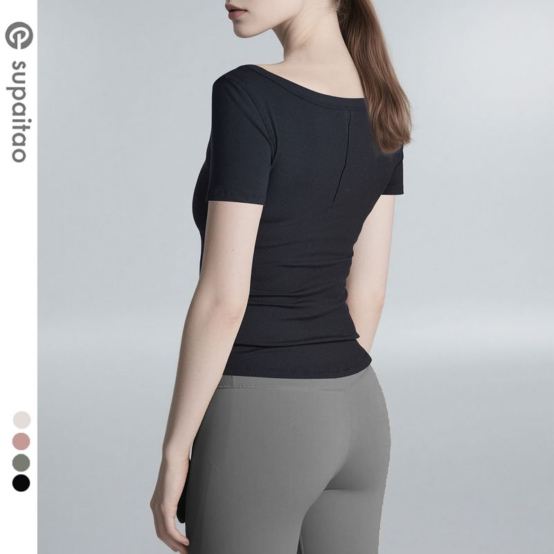 

Clearance Non-Exchangeable Non-Returnable] off-Neck Short Sleeve Yoga Suit Tops Thread Modal Sports T-Shirt Nude Feel Workout Clothes Black M