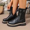 Medium Women's Boots Autumn and Winter New Round Head Fashion Belt Buckle Solid Color Side Zipper Martin Boots
