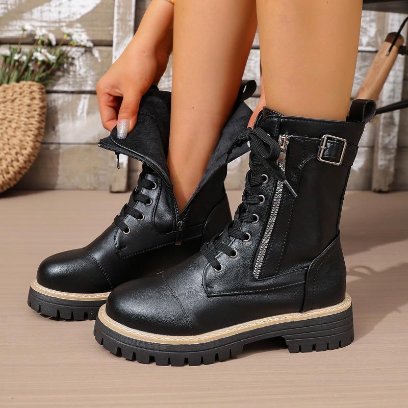 Medium Women's Boots Autumn and Winter New Round Head Fashion Belt Buckle Solid Color Side Zipper Martin Boots