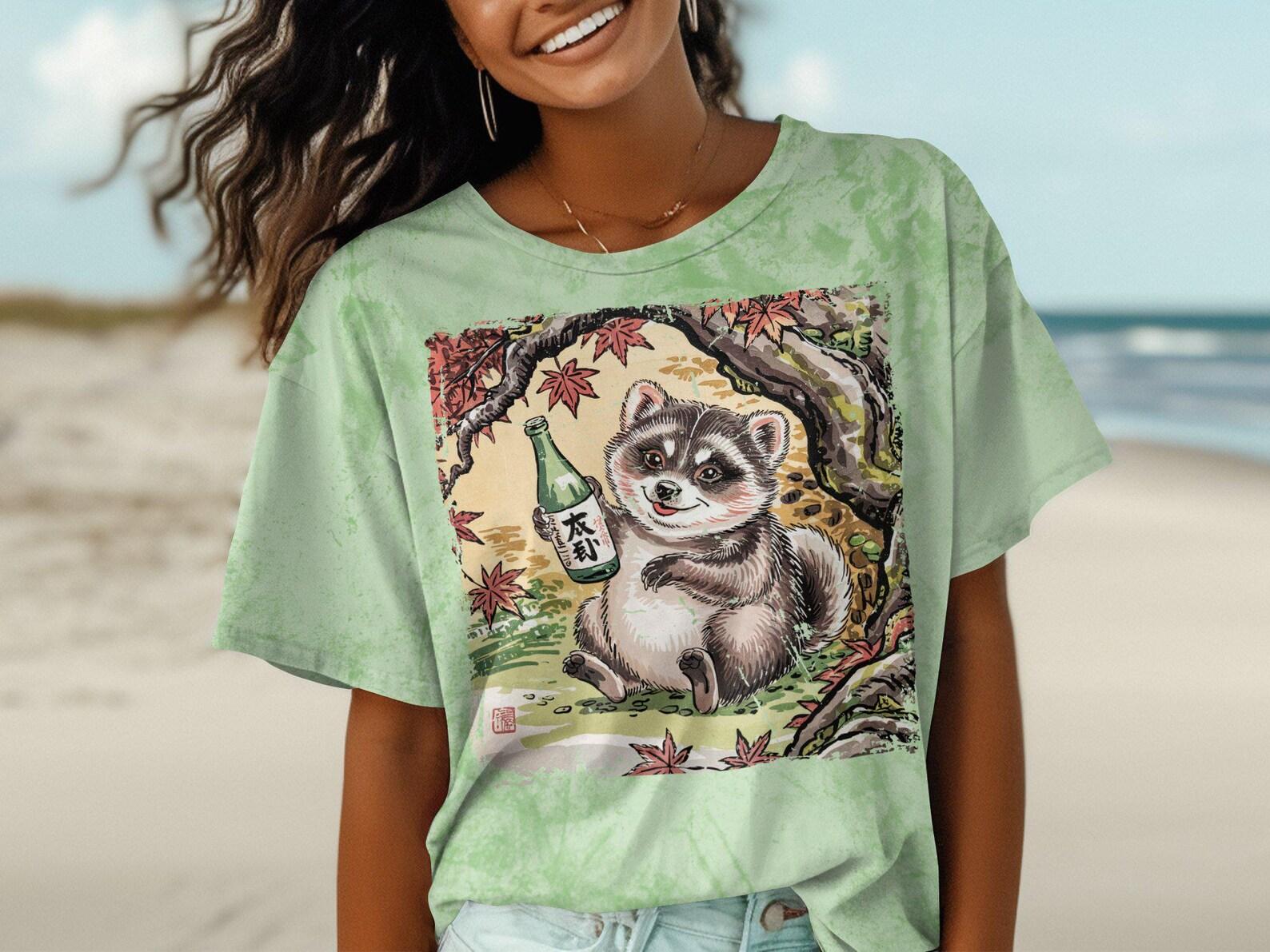 Cute Raccoon Drinking Sake T-Shirt, Japanese Art Inspired Raccoon Tee, Autumn Leaves Raccoon Shirt, Unique Animal Illustration Top S