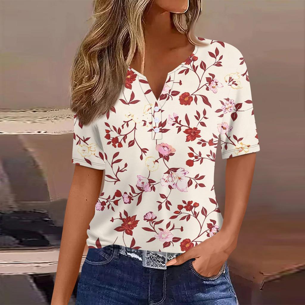 Women's T Shirt Tee Printed Button Short Sleeve Tunic Daily Weekend Fashion Basic V- Neck Regular Top