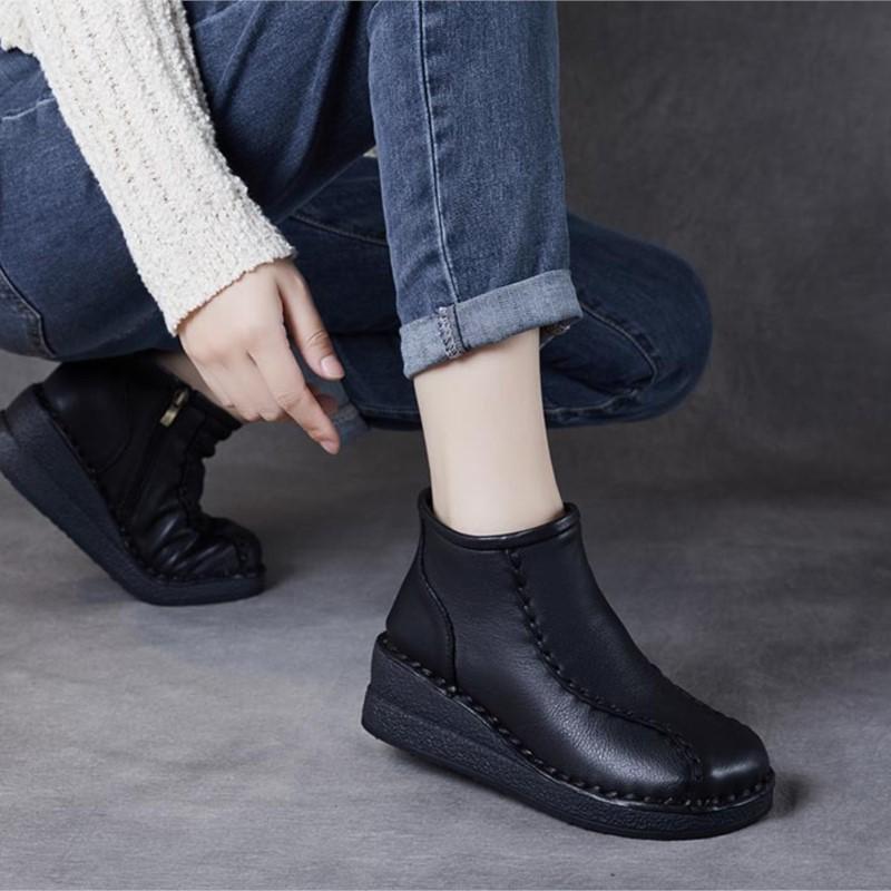 Johnature Retro Soft Soled Wedges Short Boots Genuine Leather Women's Shoes Round Toe Plush Cotton Boots